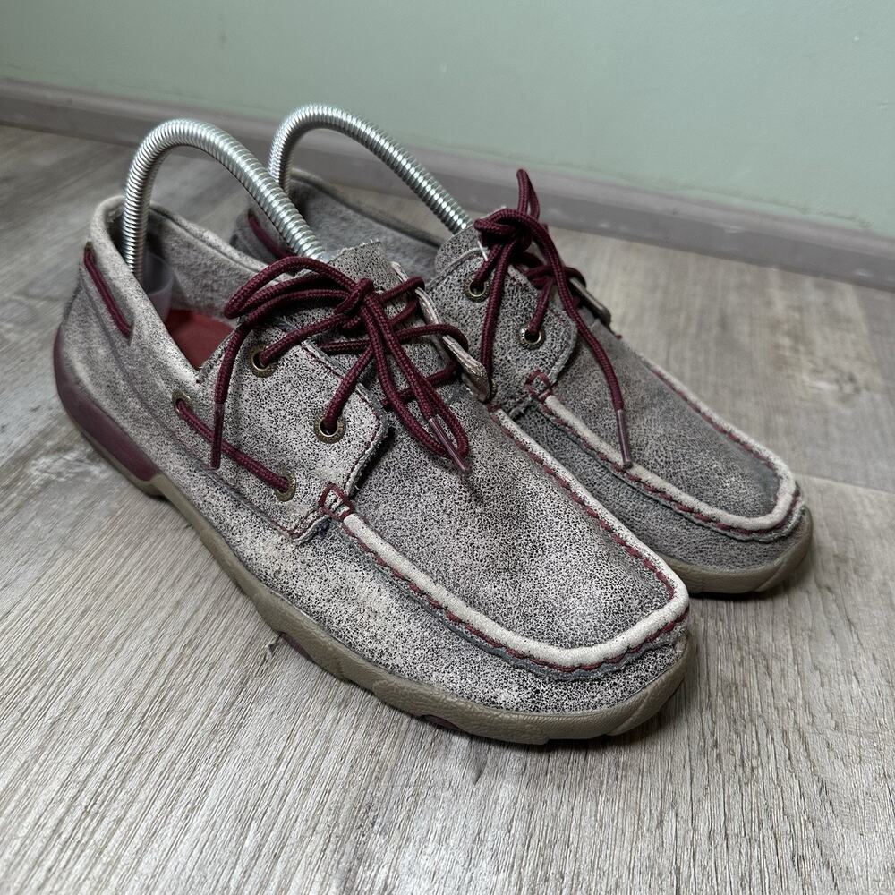 Twisted X WDM0121 Women’s Leather Boat Shoe Gray Burgundy Lace Up Size 8.5